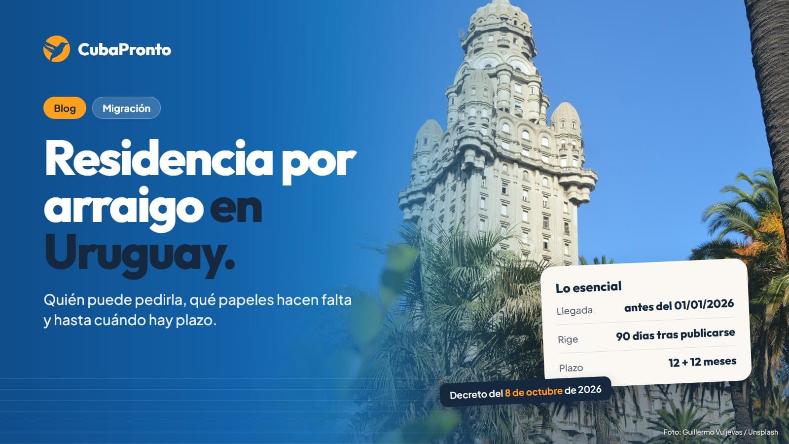 Residencia por arraigo en Uruguay 2026: requisitos y plazos, sobre una foto del Palacio Salvo de Montevideo
