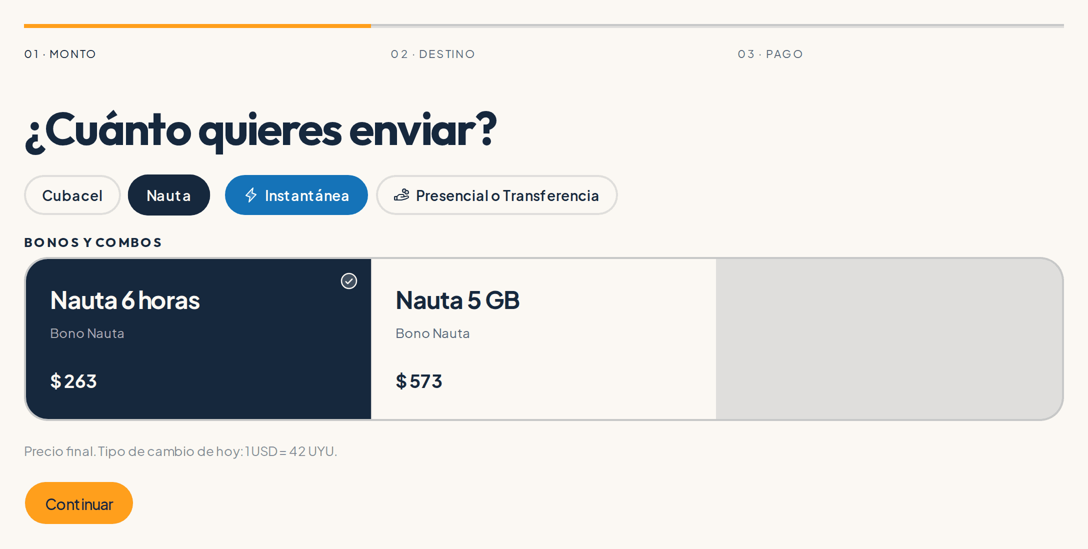 El mismo formulario con la pestaña Nauta seleccionada, mostrando los bonos de datos y de tiempo de navegación.