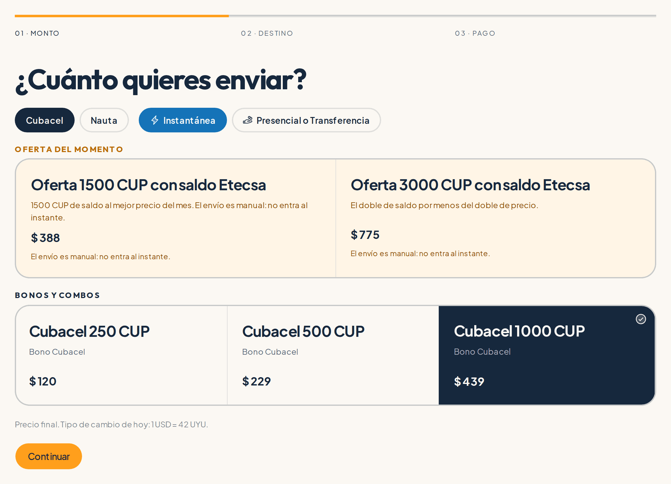 Primer paso del formulario de CubaPronto: pestañas Cubacel y Nauta, botones de método de pago, la oferta del momento y las tarjetas de saldo Cubacel con su precio en pesos uruguayos.