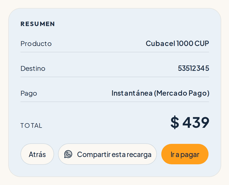Tarjeta de resumen de la recarga: producto, número de destino, método de pago y total en pesos uruguayos, con el botón Ir a pagar.