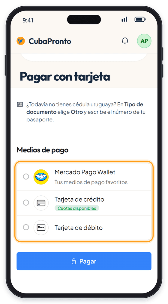 Lista de medios de pago de Mercado Pago: Mercado Pago Wallet, tarjeta de crédito y tarjeta de débito.