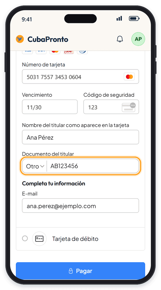 Formulario de tarjeta de Mercado Pago con el documento del titular en «Otro» y un número de pasaporte.