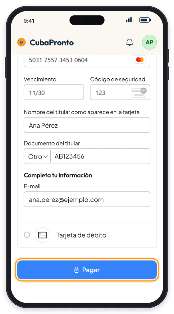 Formulario de tarjeta completo con el botón «Pagar» resaltado al final.